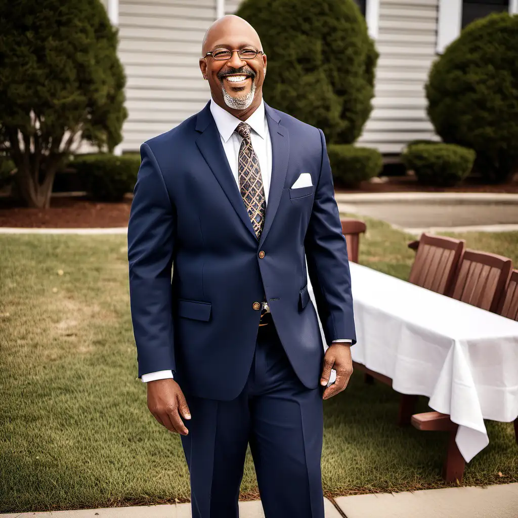 Smiling MiddleAged Black Man in Navy Blue Suit and Glasses