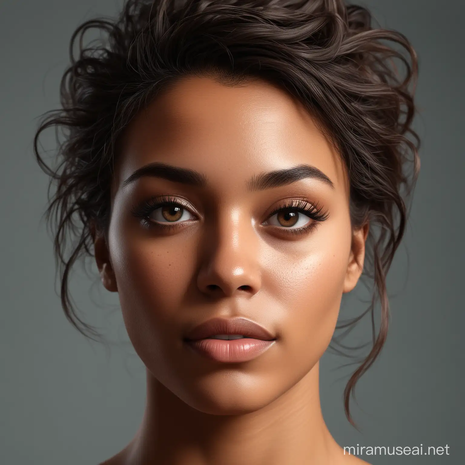 black woman face, looking straight forward, no makeup, small lashes, keep face natural looking, add lots of shadows, realism, flowy hair,  dynamic pose, detailed textures, high quality, high resolution, high precision, realism, color correction, proper lighting settings, harmonious composition, behance work, sharp focus, low angle, trending on artstation, sharp focus, studio photo, intricate details, highly detailed