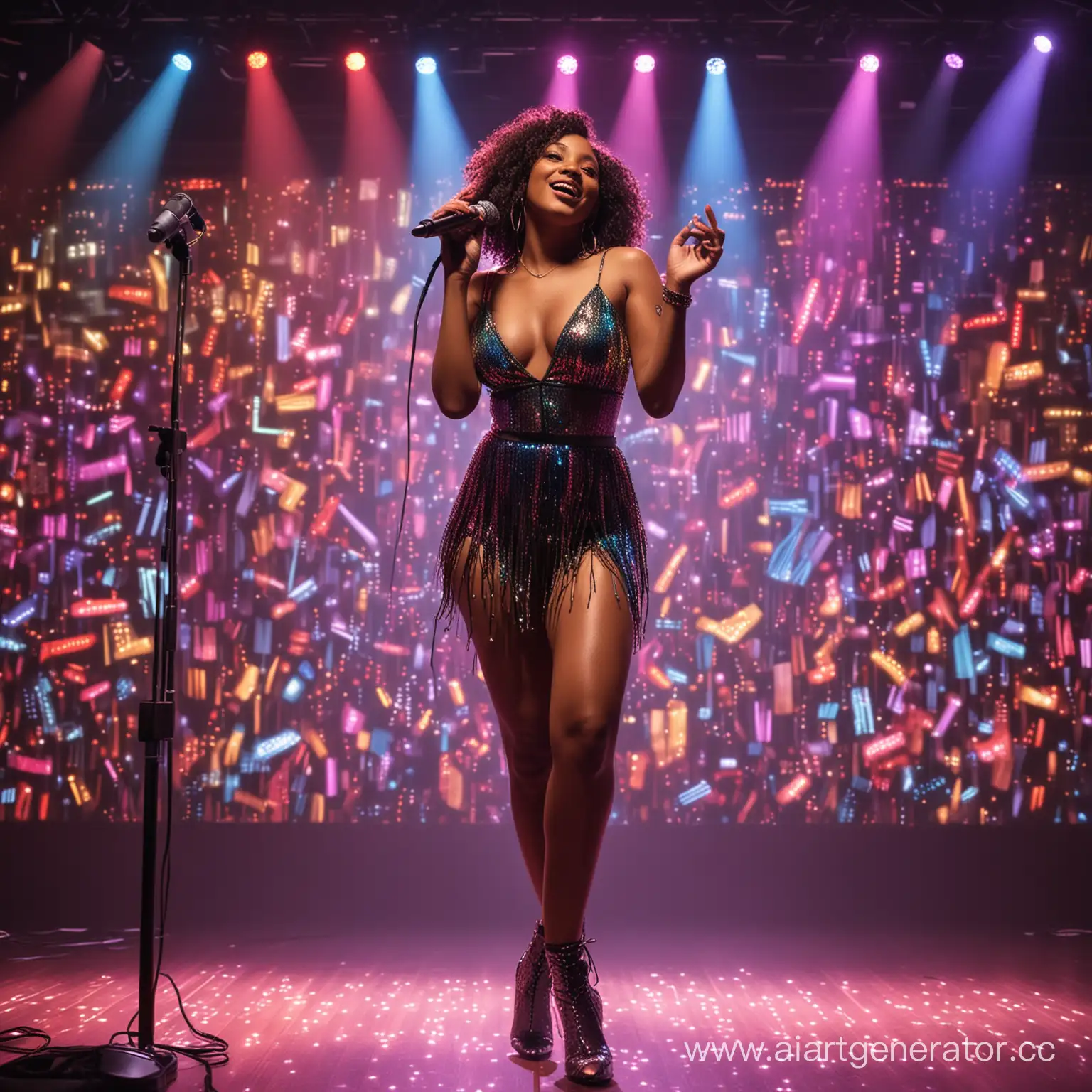 An image of the singer on stage with a microphone, surrounded by colorful lights and graphics representing different music genres (pop, jazz, rock, R&B, etc.). The singer is confidently transitioning between styles, captivating the audience with their versatility. full body dancing on stage and smile looking at viewera 

