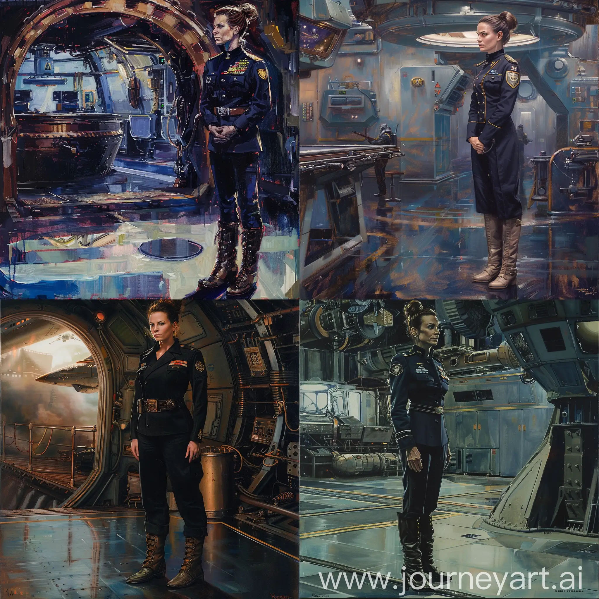 painting of navy officer woman, stern face, tidy hairbun, standing tall, long boots, spaceship room background, warhammer