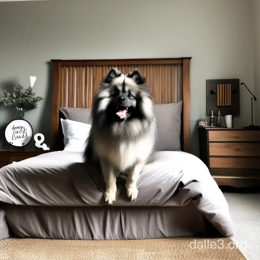 Keeshond jumping im bed. Bedroom is made from wood