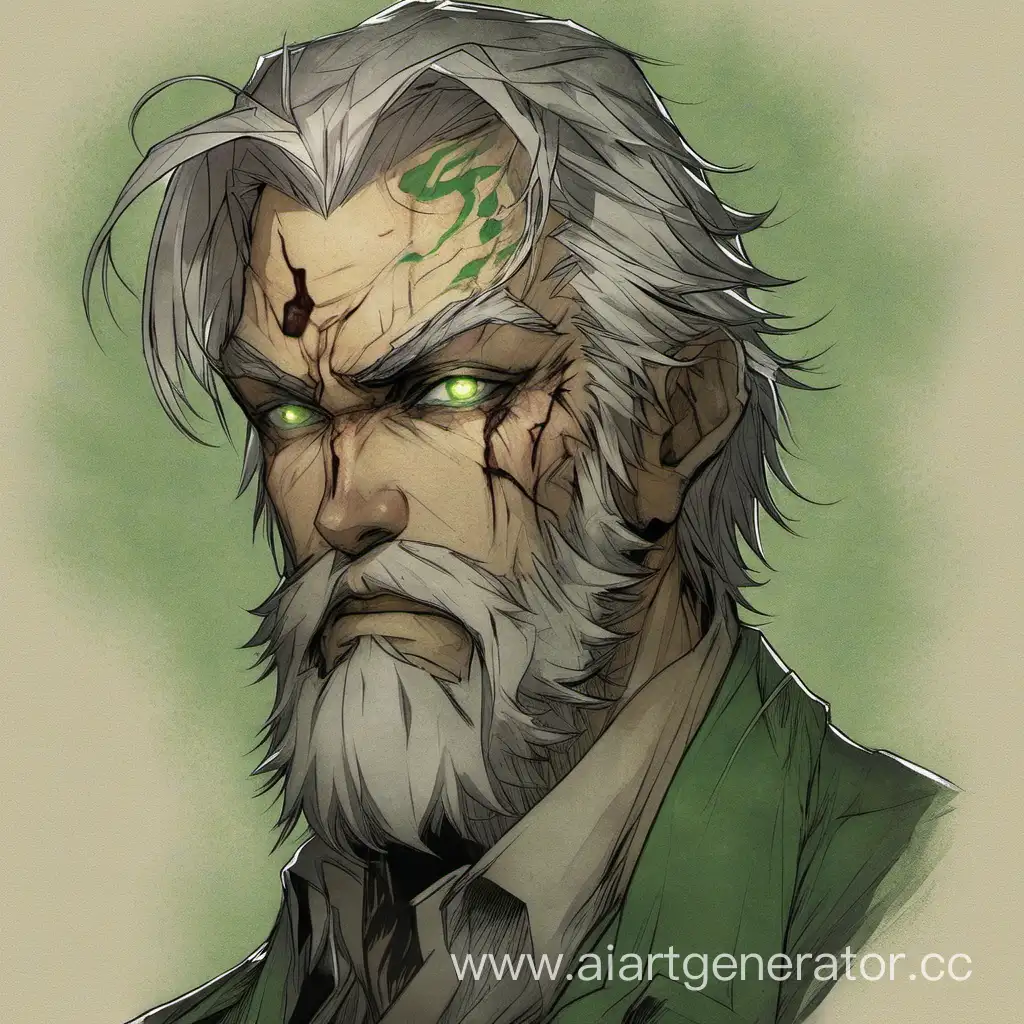 Мужчина, с седой бородой и волосами, с шрамом на правом глазе, с зелёными глазами