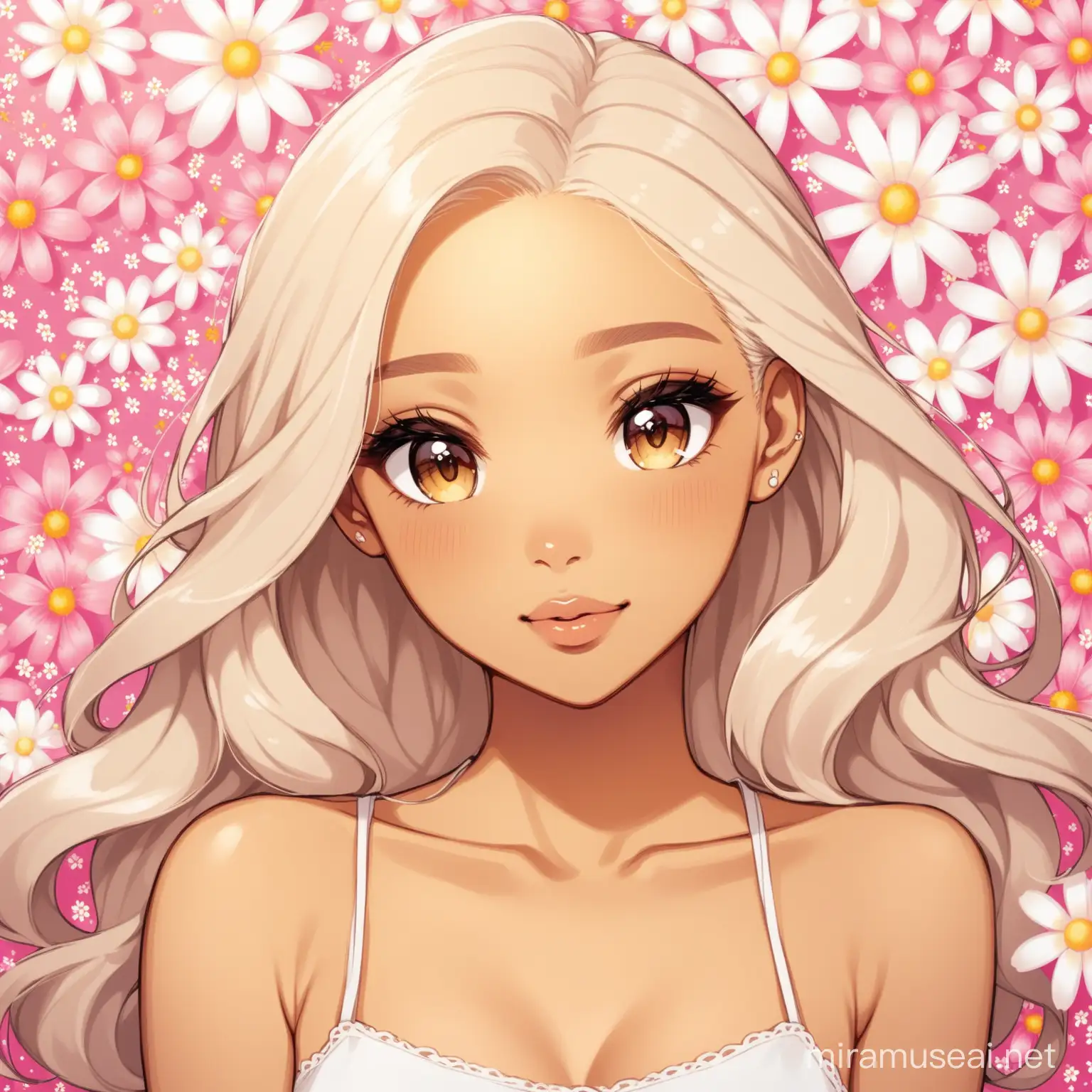 Beautiful Light Skin Girl Surrounded by Flower Blossoms