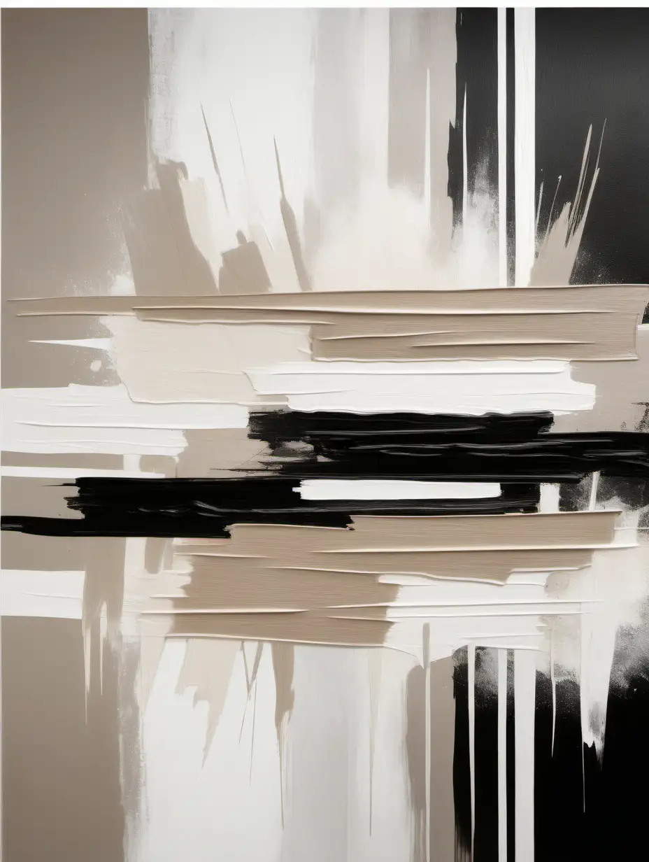 Large modern abstract image that incorporates white, beige and black colours in horizontal and vertical brush strokes only. Nortic design