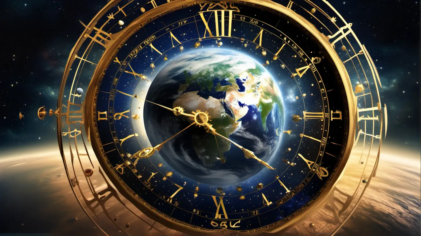 cinematic still of earth in a vast universe going through the precession of the equinoxes, in the middle of a zodiac clock