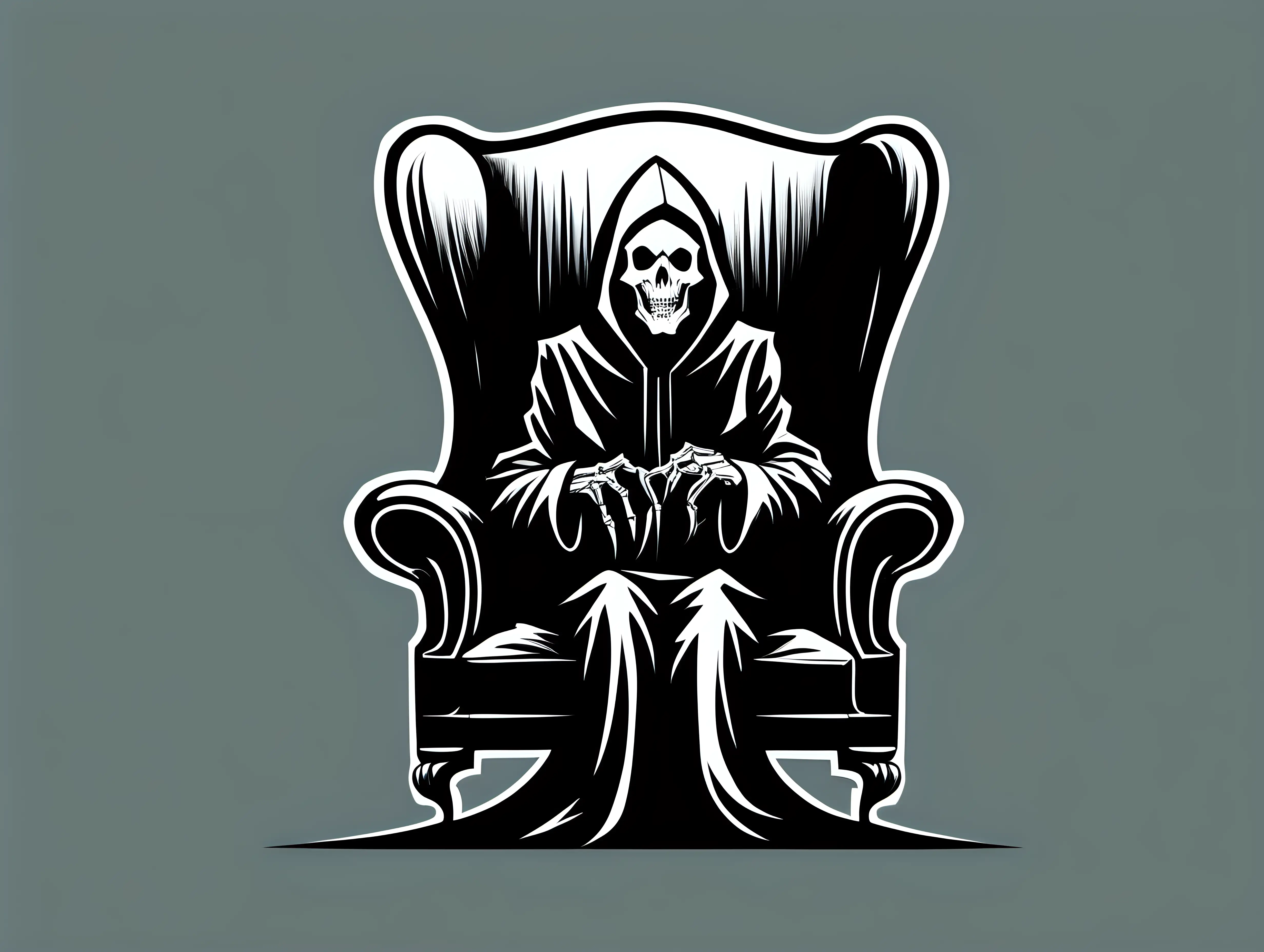  the grim reaper sitting in a wingback chair watching an old TV, in the style of Jim Phillips, black and white, stencil, minimalist, simplicity, vector art, negative space, isolated on black background --v 5.2