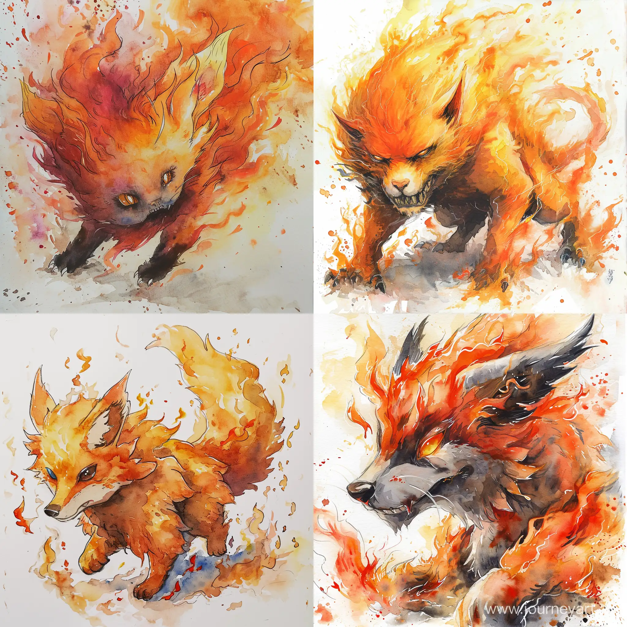 An anime fire animal monster, watercolor