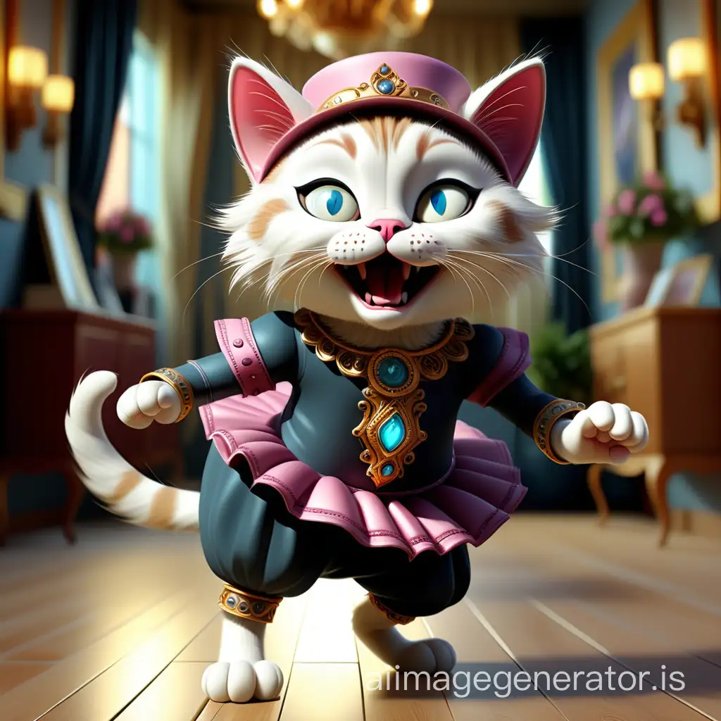 realistic photo dancing cat in a costume beautiful expressive eyes richly decorated costume, 3D? 8K, ultra-realistic high octane number super resolution stunning detail, perfection in the frame, photorealism, cinematic lighting, visual clarity, gigapixel, color correction, retouching, wide-angle lens, no digital painting blur