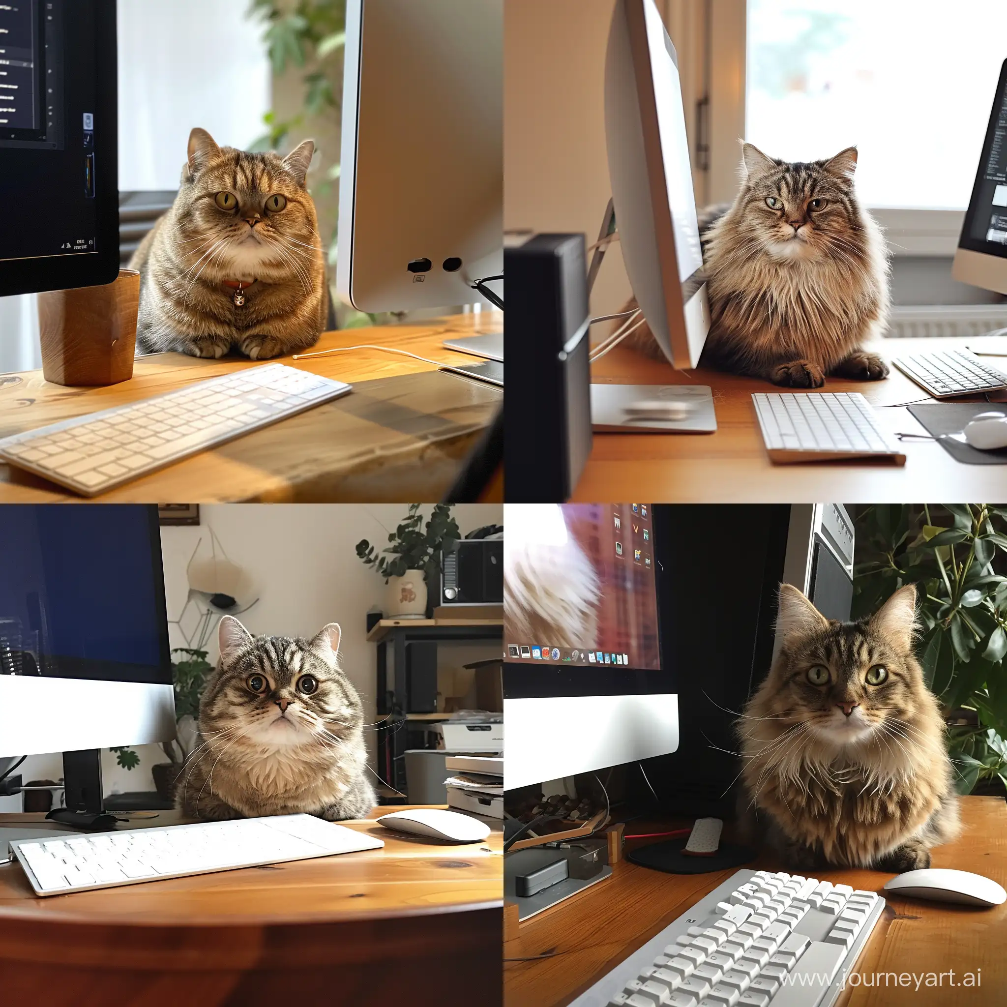 A fat cat sitting behind the computer desk