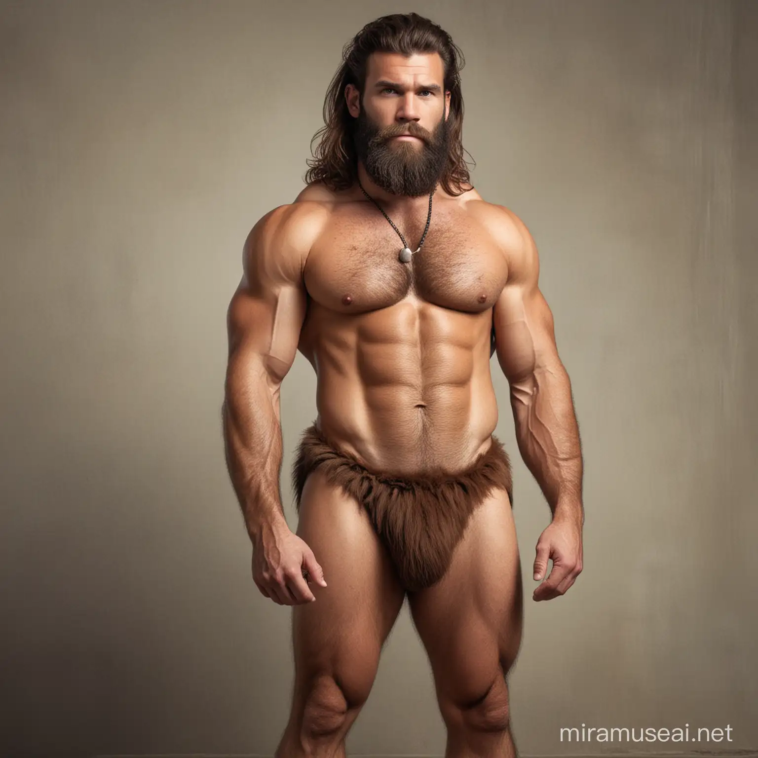 Muscular Caveman Stands Alongside Meek Human
