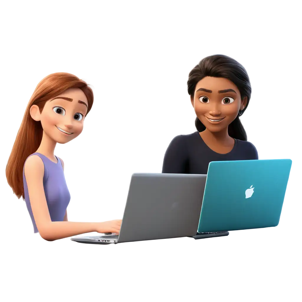 Create Pixar girl and a Pixar girl tutor taking online class with Catalyze name on it 