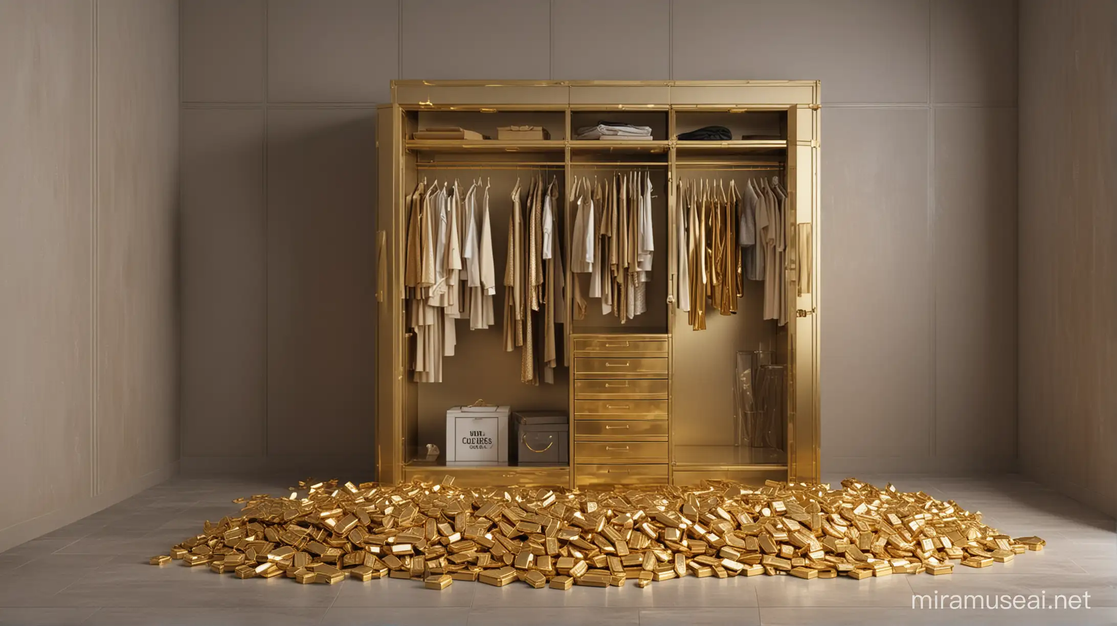 Big closet with few clothes, stashed with gold bars, with some gold laying on floor