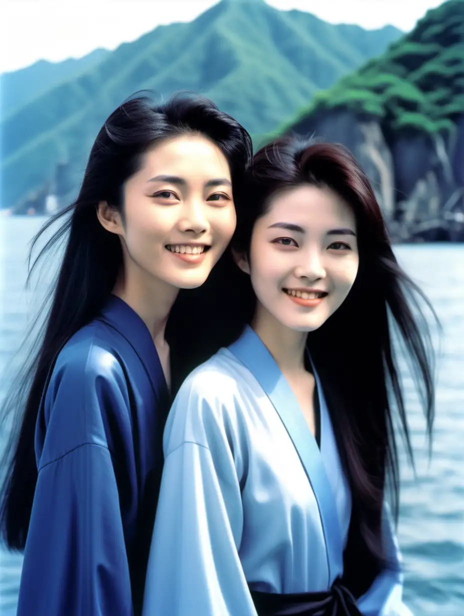 two Taiwan girls with long hair, one looks like  Brigitte Lin， another Teresa Teng , grin face with smiling eyes , blue sky, dark indigo and light black, lisette model, intense close-ups, hyper-realistic water, the snapshot aesthetic, crisp and delicate.