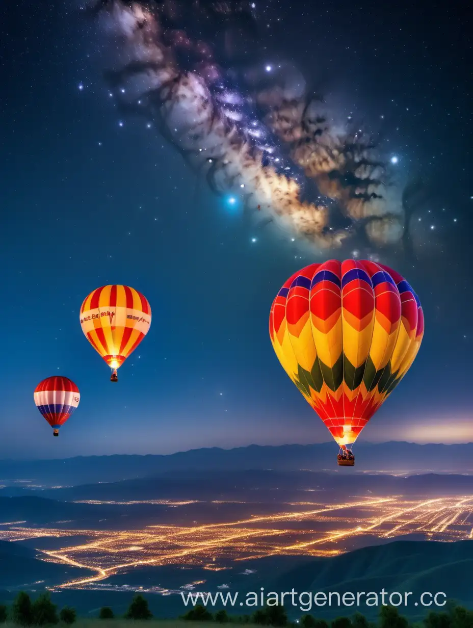 Фестиваль воздушных шаров на фоне гор  и Млечного пути. Цвет воздушных шаров как у флага Краснодарского края