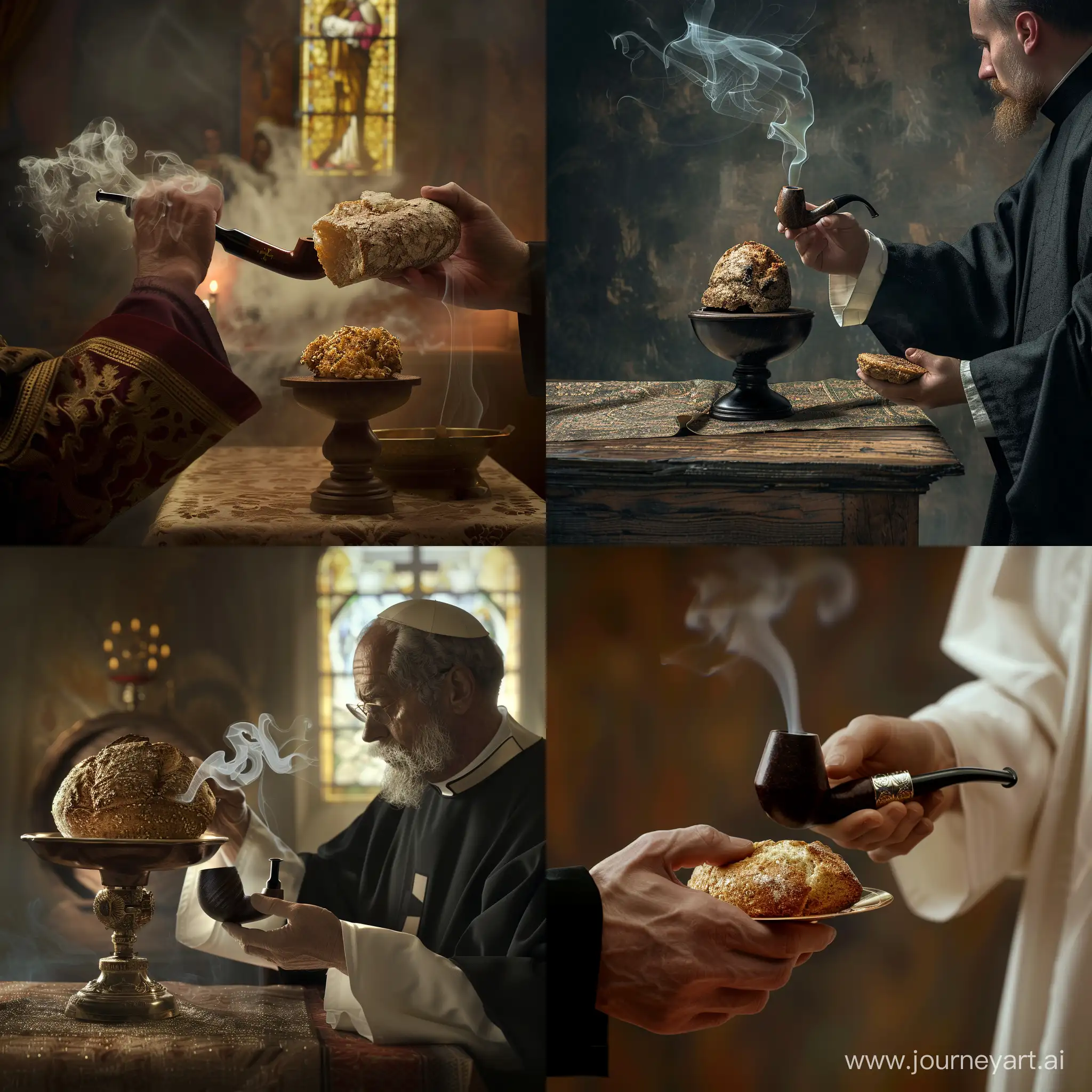 photo realistic image priest handing out the eucharist but instead of bread it's a smoking pipe