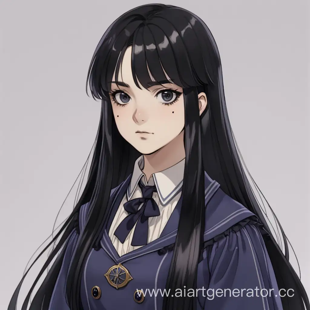a black haired girl with black eyes and long straight hair. She is a student of a sorcerer college. She wears a 19 century suit.