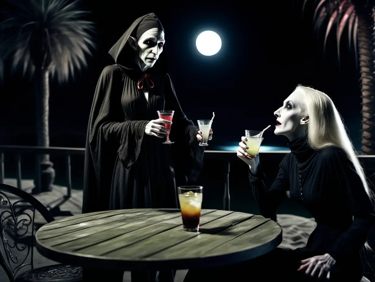 Nosferatu and female friend having a drink at an oasis at night