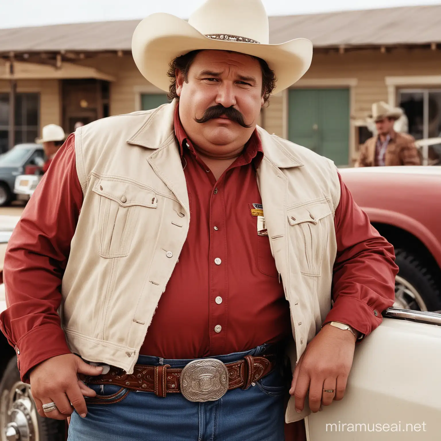 A obese man, American, mustache, dressed like a Texan oil magnate, dark hair, white cowboy hat, dark red jacket, Large belt buckle, Texas, cowboy, car dealer, talking to a Texas man with a grey mustache