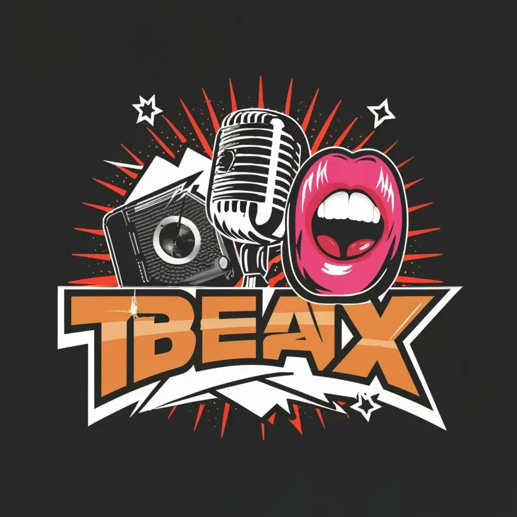 logo, dynamic mic, speakers, beatboxing lips, with the text "TbeaTx", typography, be used in Entertainment industry