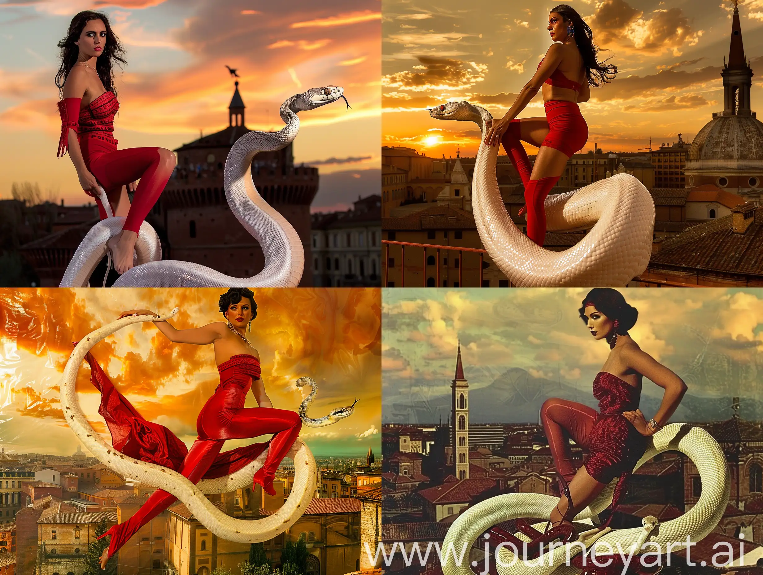 Moana Pozzi dresses in tight red  while riding a white snake, sunset, landscape  torre Asinelli Bologna, glamorous climate, art deco