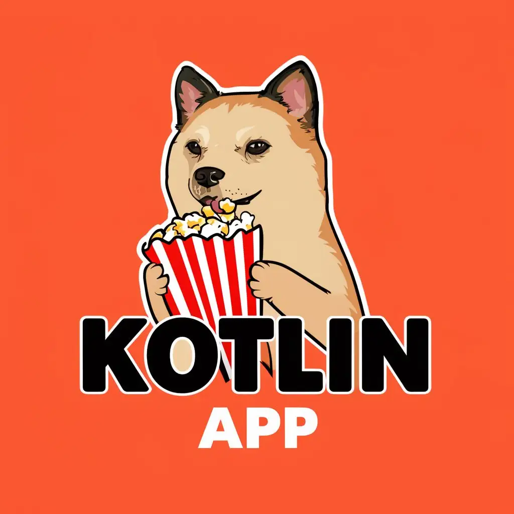 logo, A  DRAWING OF A DOGE  EATING POPCORN, with the text "KOTLIN APP", typography