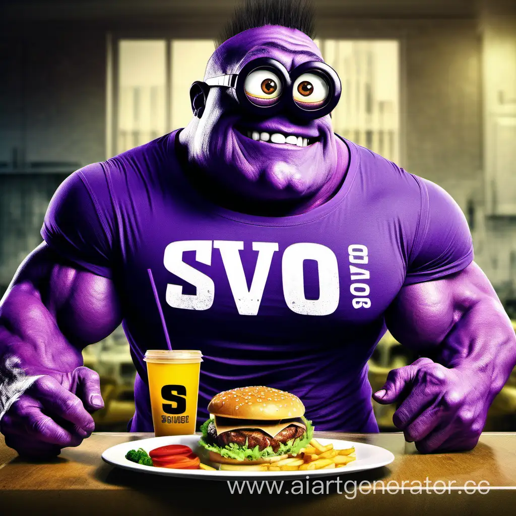 Огромный мускулистый миньон фиолетового цвета в футболке с надписью SVO, сидит за столом и ест бургер