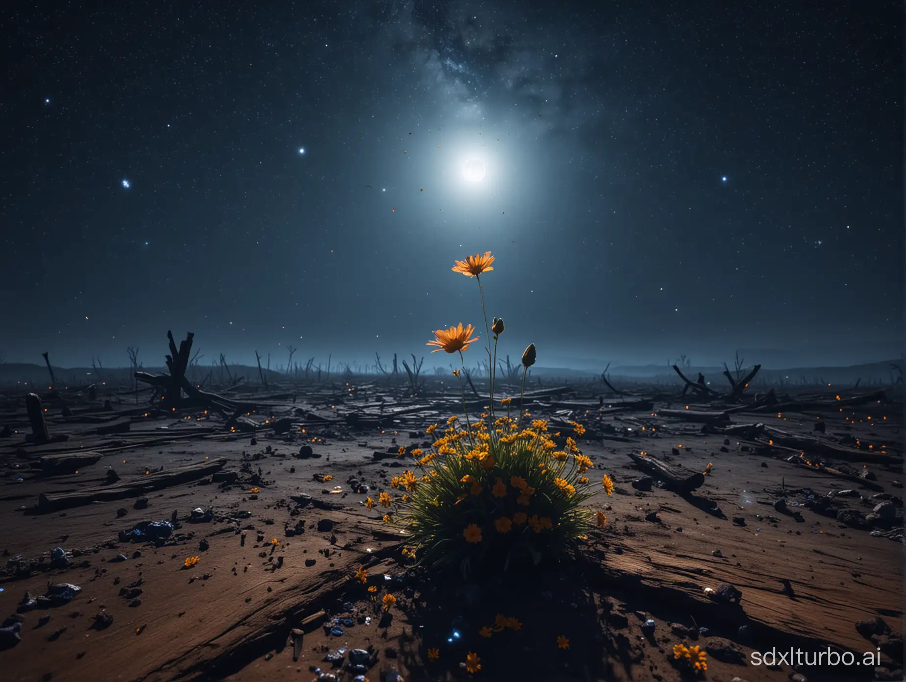 The battlefield just finished fighting, a flower floating in the air, there are quite a few flowers on the ground, burned wood, fire, night, deep blue sky, countless stars, moon.