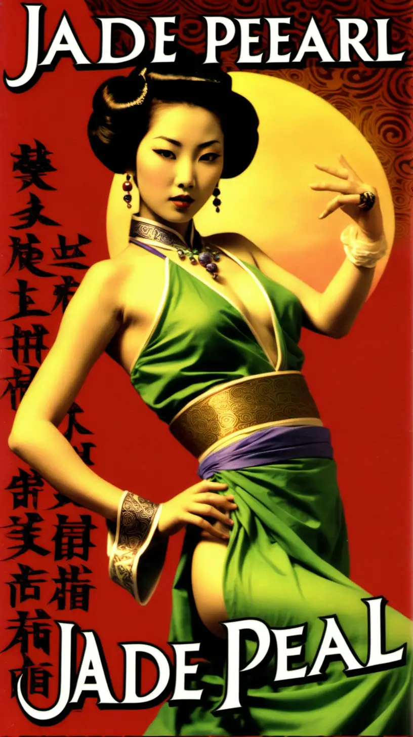 photographic style book cover for a oriental pulp novel, titled “Jade Pearl”, with oriental temptress
