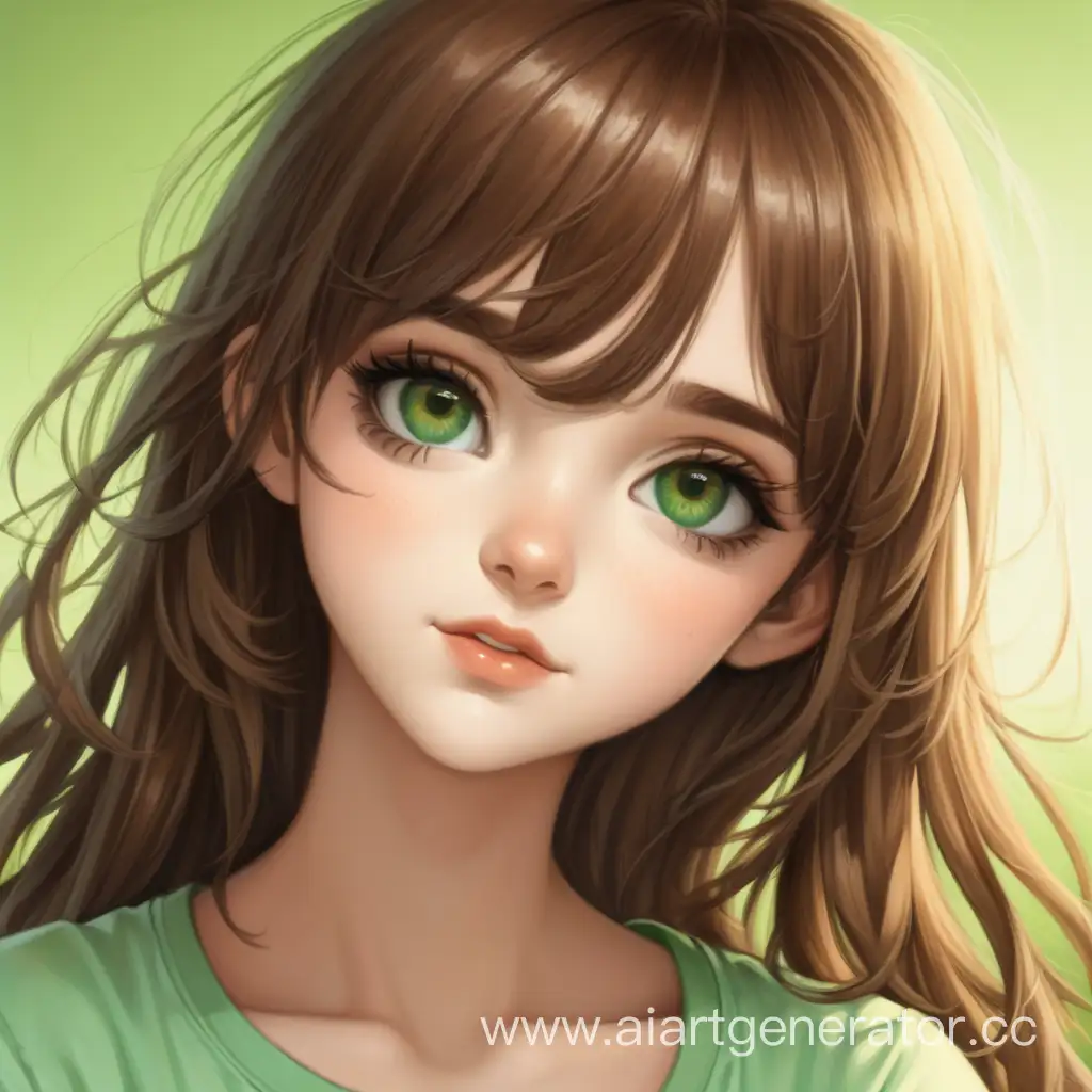 Коричневые волосы, молодая девушка, глаза в оттенках зелëного, милая и красивая, без очков