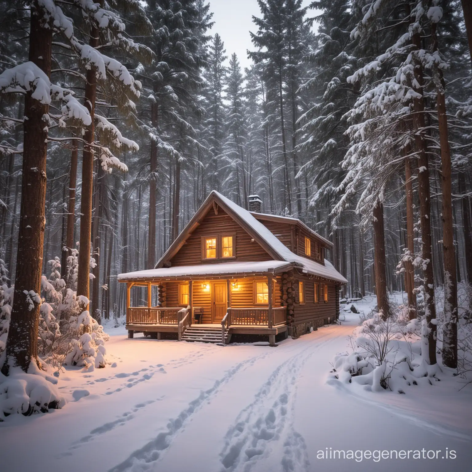 a cabin, heavy forest, snowy weather, warm scene, winter wonderland, cozy atmosphere, log cabin, snow-covered trees, peaceful setting, soft glow, inviting, winter getaway, tranquil, idyllic retreat, cold climate, snowfall, serene landscape
