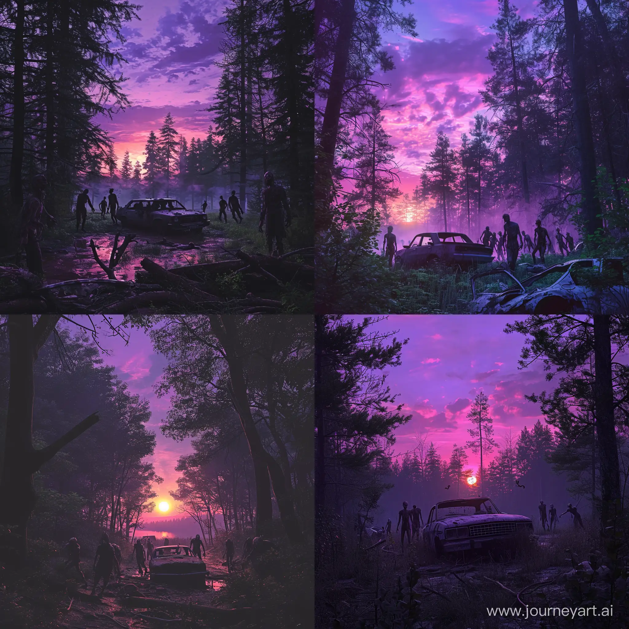 Forest against the backdrop of a purple twilight sunset.There is an abandoned car in the forest, and zombies are walking through the clearing. 