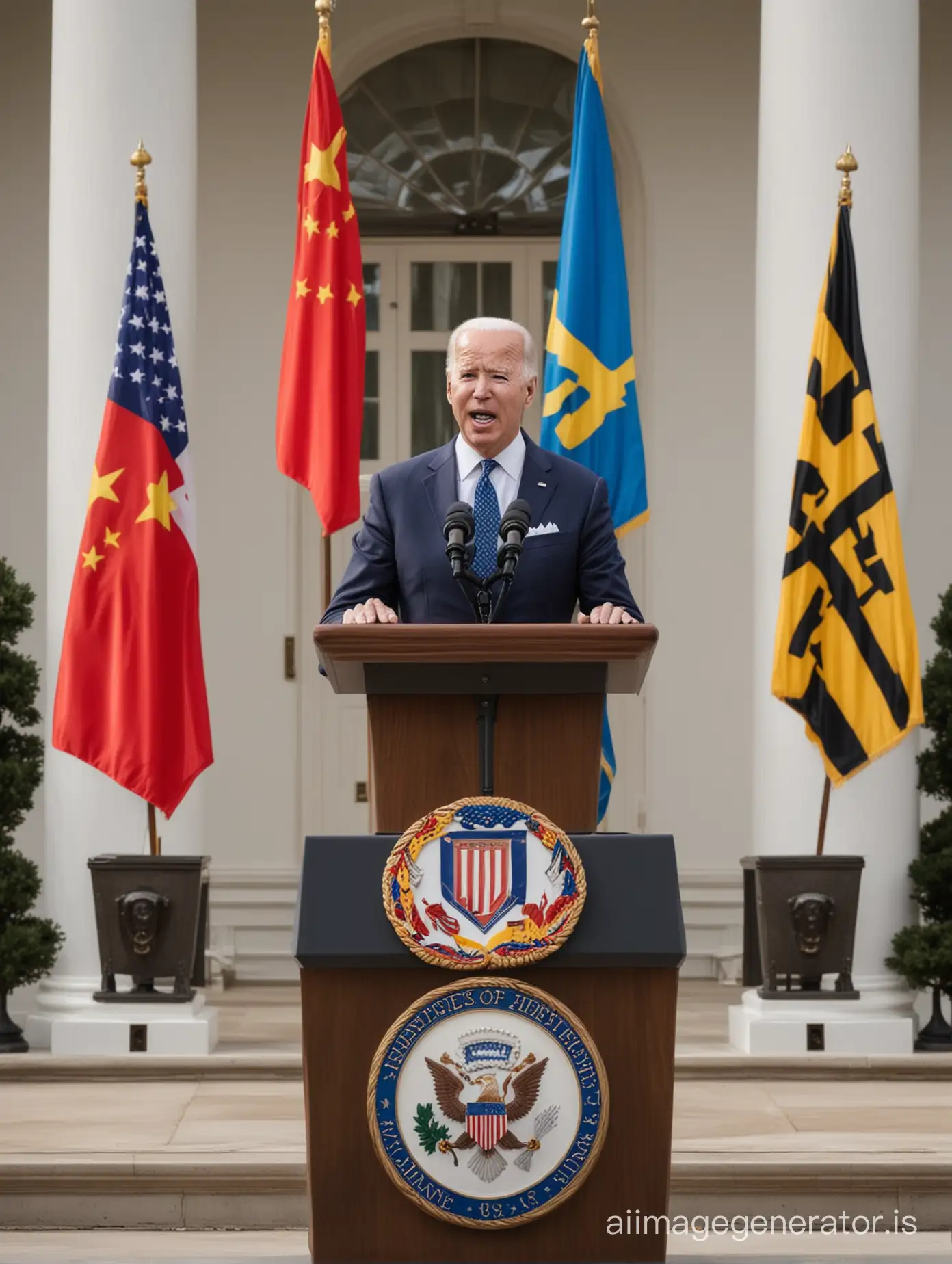 Joe Biden yelling from a podium at the White House. China flag, Ukraine flag, Nazi flag, Nazi SS troupe in the background