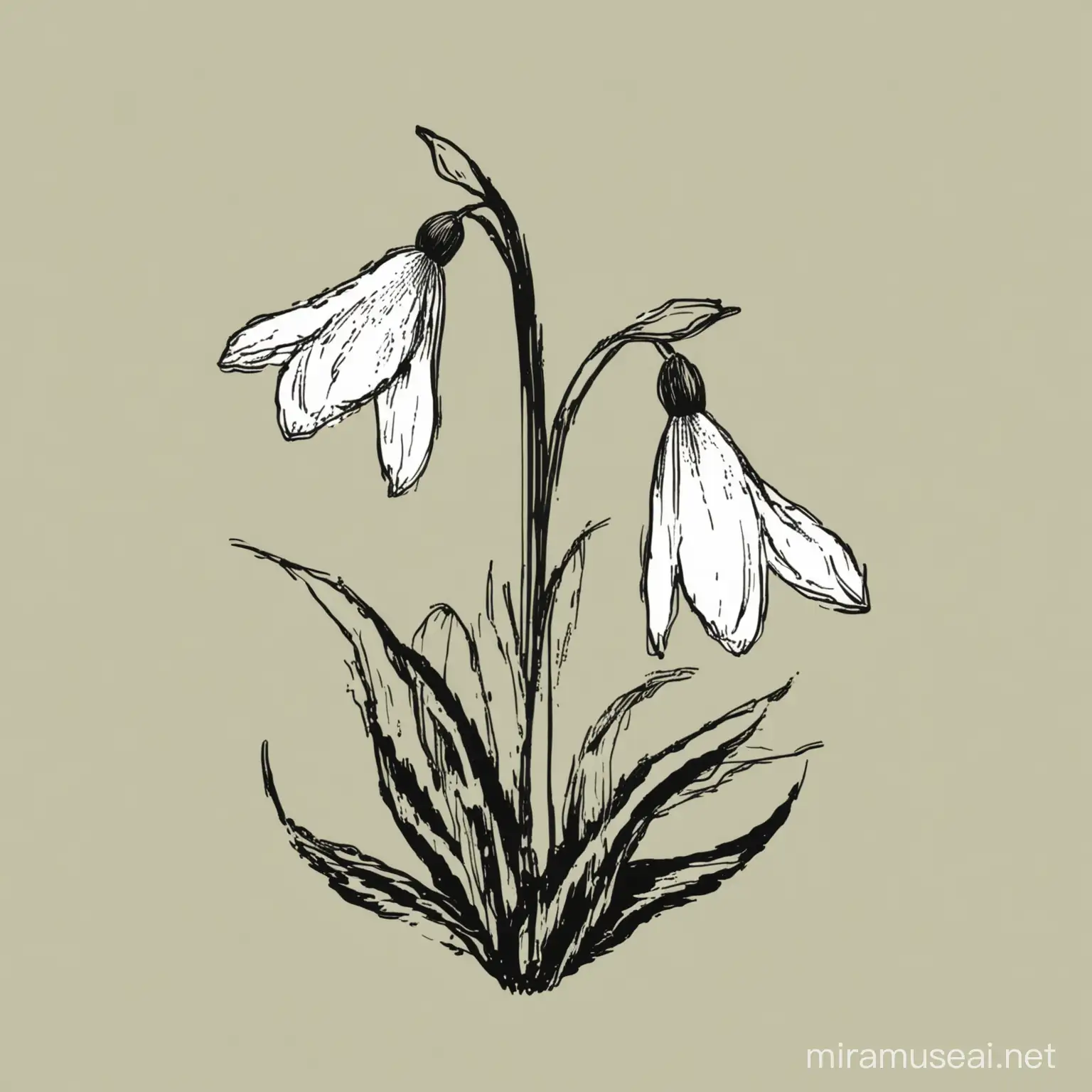 The illustration should depict a snowdrop created using a single continuous line. The line should originate from the bottom, forming a slender stem that gently curves. Continuing upward, it should outline the leaves and the snowdrop bud, with each petal distinctly represented. As the line reaches the top, it should define the delicate shape of the flower's bloom, capturing its elegant simplicity. Finally, the line should gracefully complete the outline of the snowdrop, returning to the base. This illustration should be a vector style. Just an black oneline art style