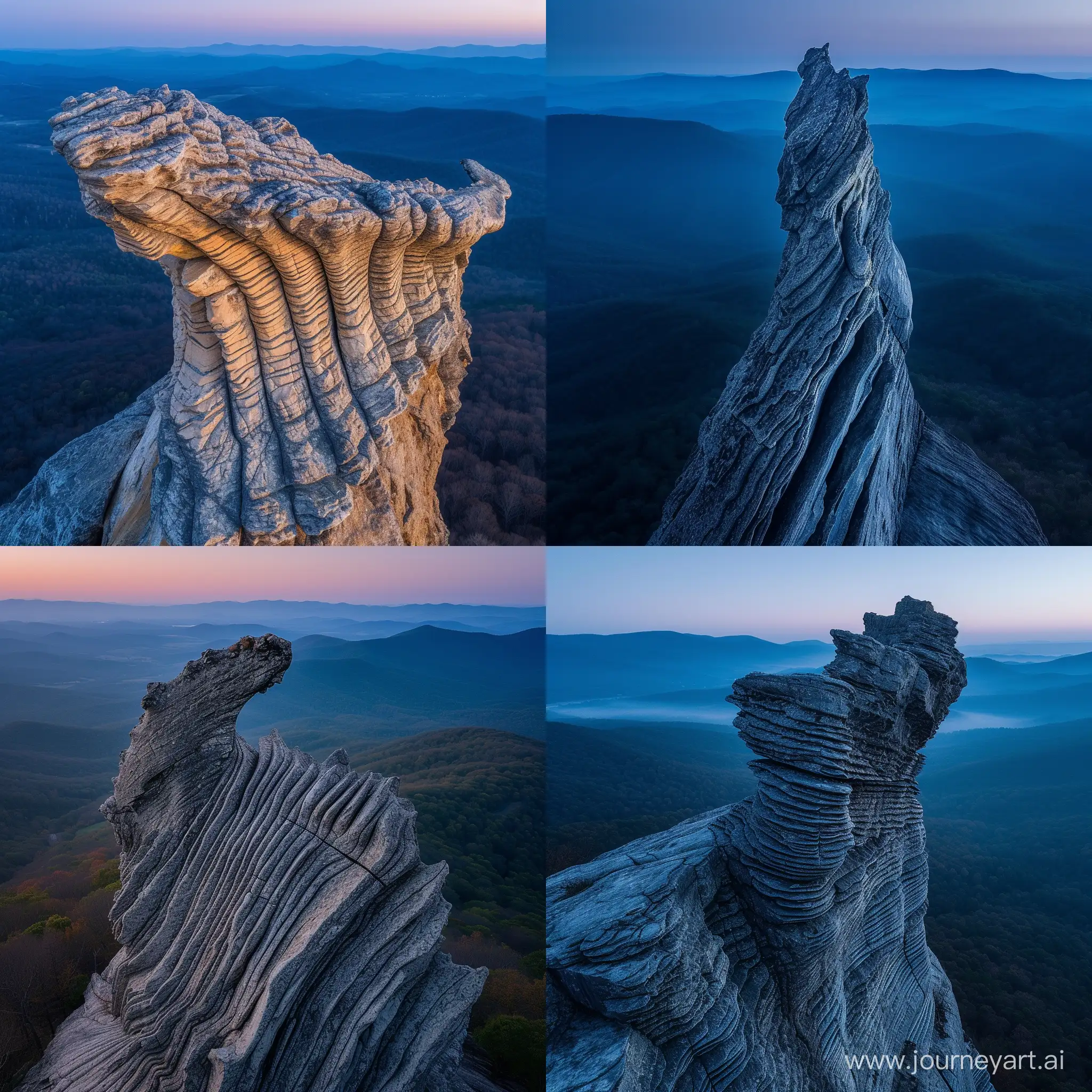 photo of humpback rock outcrop, outcrop looks exactly like a breaching humpback whale, head shape and front fin shape visible with striations on the ventral pleats, virginia, rolling blue ridge mountains in the background fading into deep blue, drone photography looking at the outcrop, morning, crisp, award winning landscape, sunrise, beautiful, gently lit by the sunrise