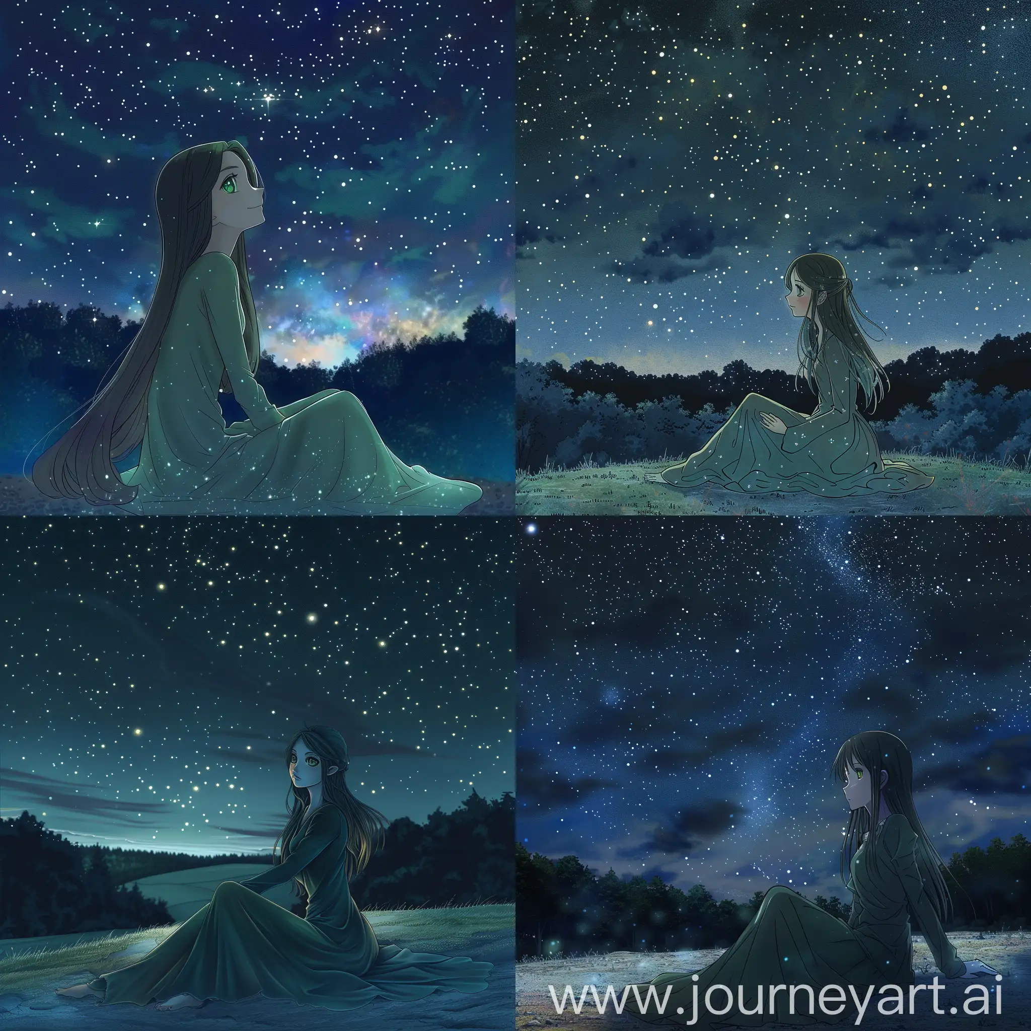 Serene-Girl-in-Green-Dress-Gazing-at-Starry-Night-Sky