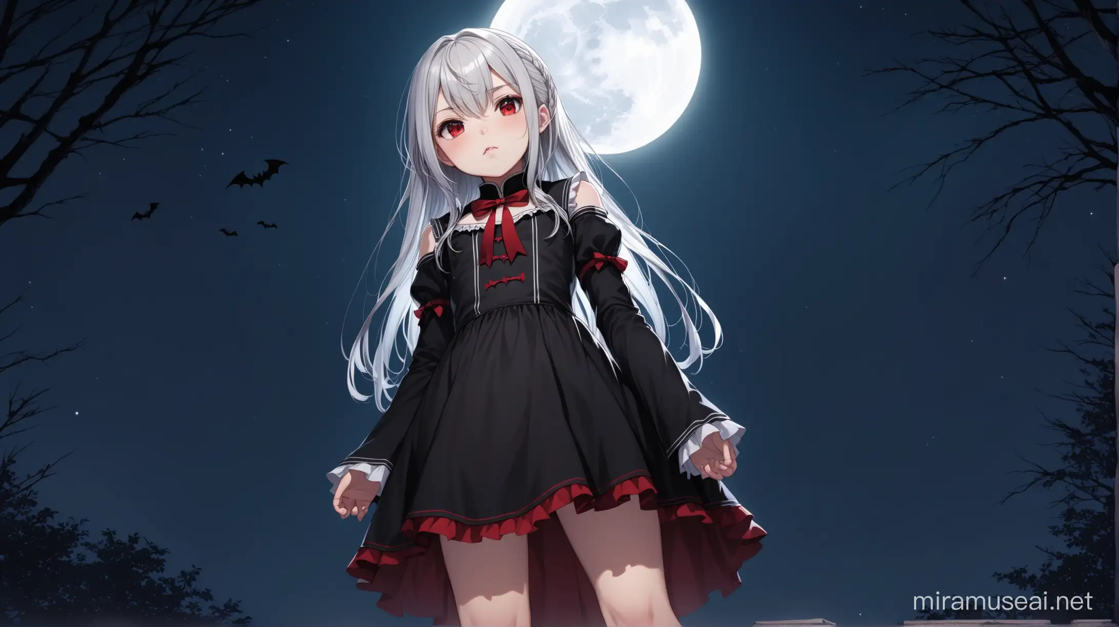 Aesthetic ((1girl)), ((Kei Shirogane)), a young and cute vampire girl, long silver hair and vampire fangs and red eyes, standing, ((loli)), petite body)), low angle, from below, night, Dutch angle, full moon, ((high detail)), ((best quality)), detailed eyes, wearing a black outfit with detached sleeves, wide irises, ((stoic and cold expression)), ((unsmiling)), standing, full body, moonlight, two side up hairstyle, ((looking at viewer)), ((closed mouth))