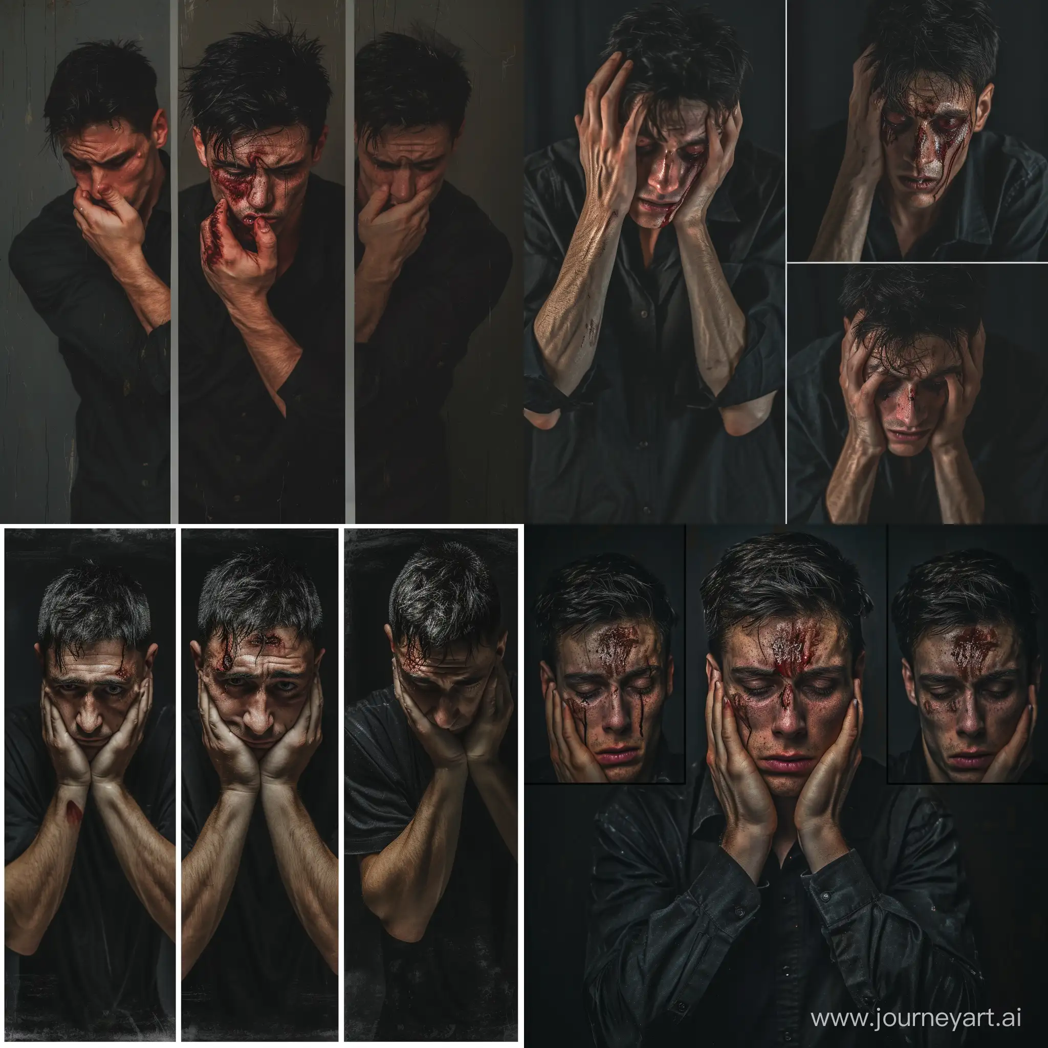 raw a realistic photo divided into 3 panel, a man in a black shirt with his hands on his bruised face and sadness emotion, tear eye, with a sad eye and face expression, melancholic art --style raw