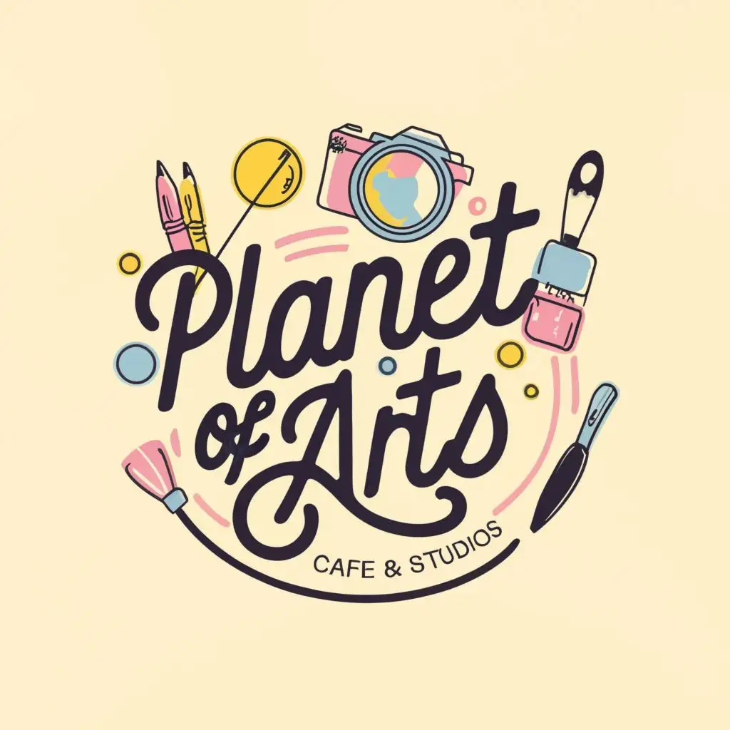 logo, Purple and cream with black and white line, a painting brush, a camera, kids style, with the text "Planet of Arts Cafe & Studios", typography, be used in Education industry