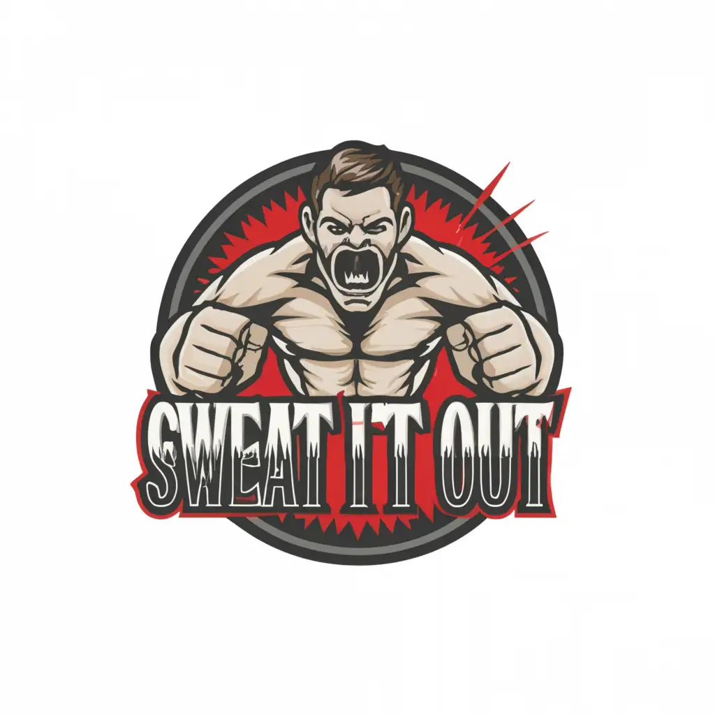 a logo design,with the text "sweat it out", main symbol:angry man,Moderate,clear background