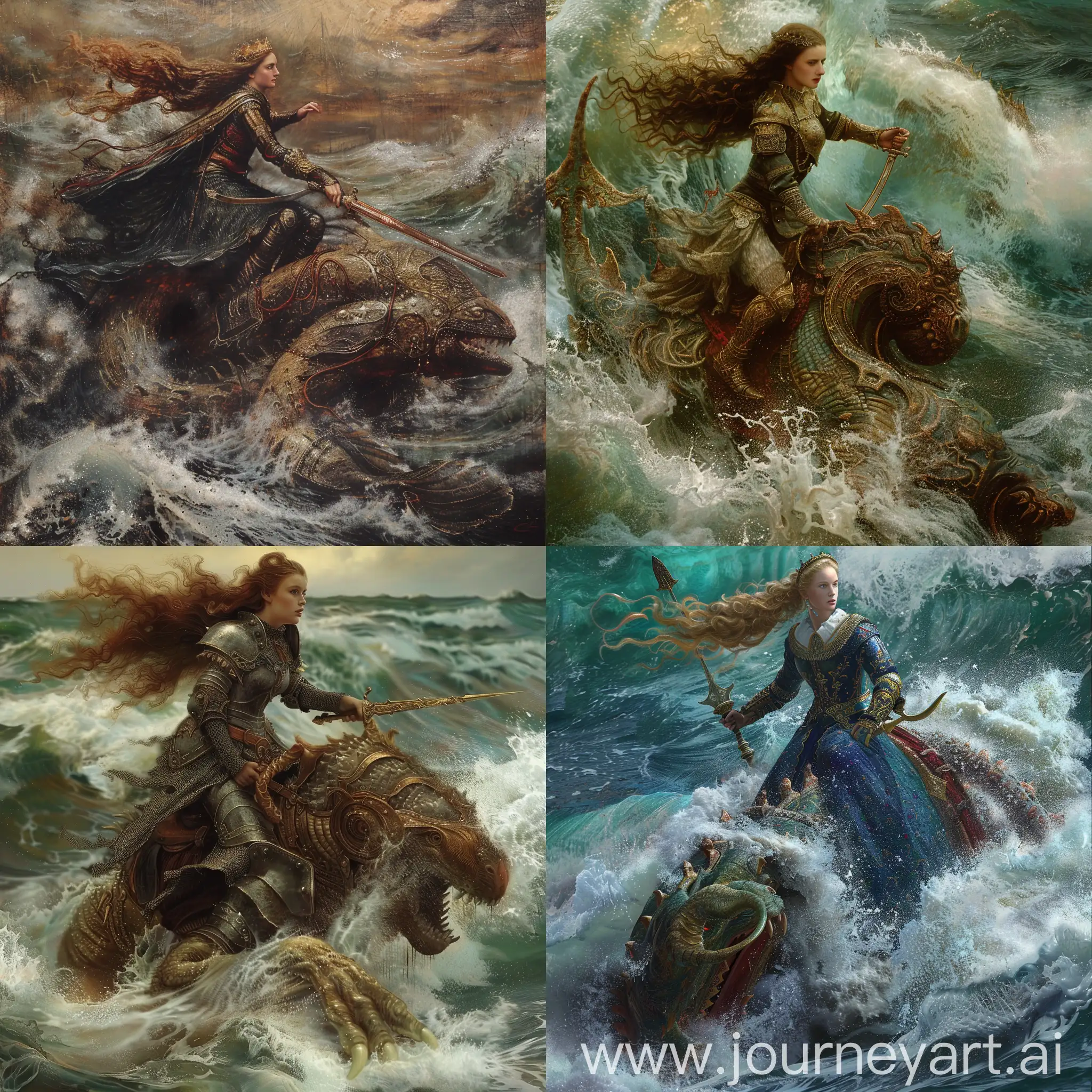 A pre Raphaelite image of a beautiful medieval warrior maiden riding a sea monster through rough waves. Beautiful magical mysterious fantasy surreal highly detailed