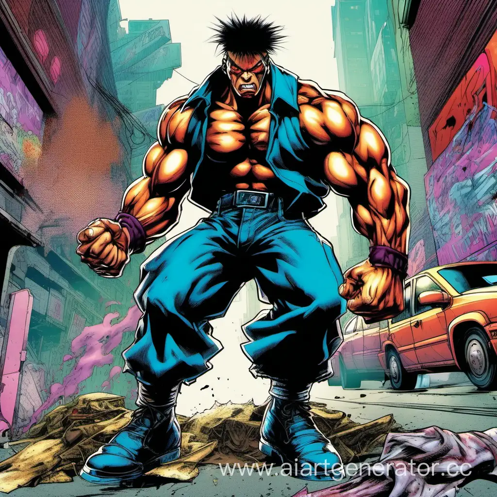 90s comics art, attack move, full height figure, cyberpunk, male street fighter, ugly, ragged, violent crazy, aggressive, colored