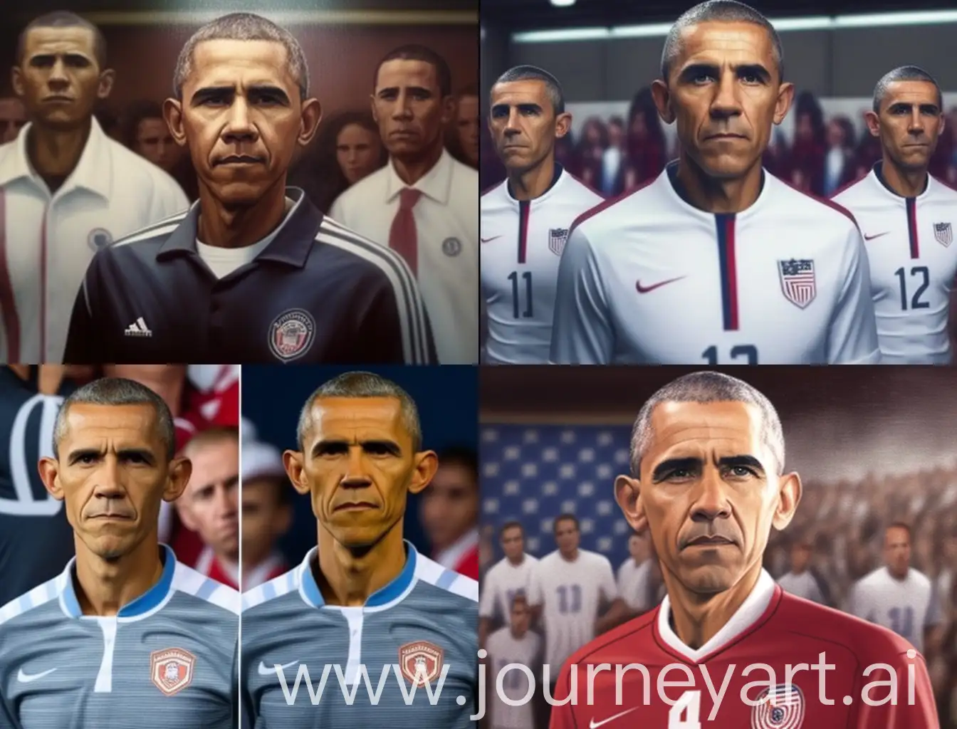Obama wearing the sports kit of the American national team in the football stadium, pay attention to the details of the face, inside the stadium, Obama is facing the camera, realistic, pay attention to the details of Obama's face, realistic , full body, looking at the camera 