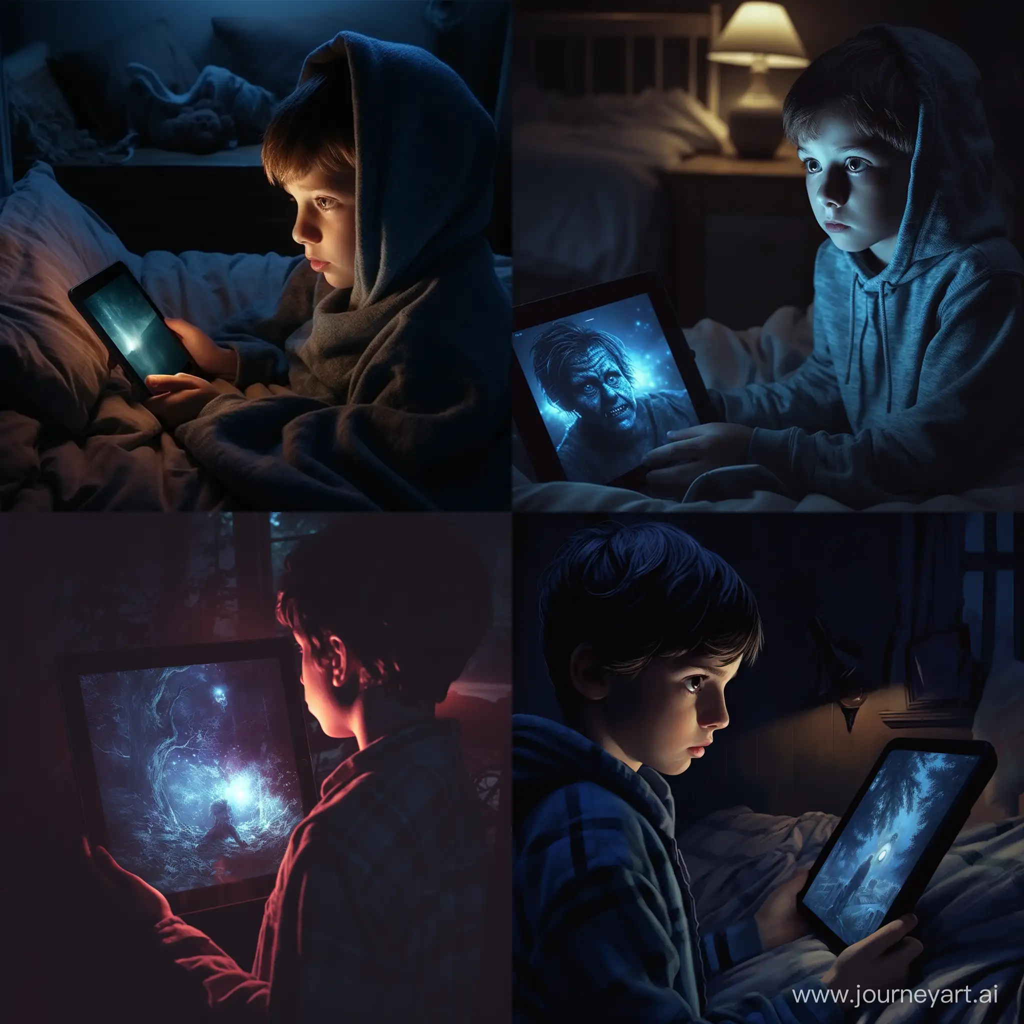 Boy-Watching-Nighttime-Action-on-Tablet