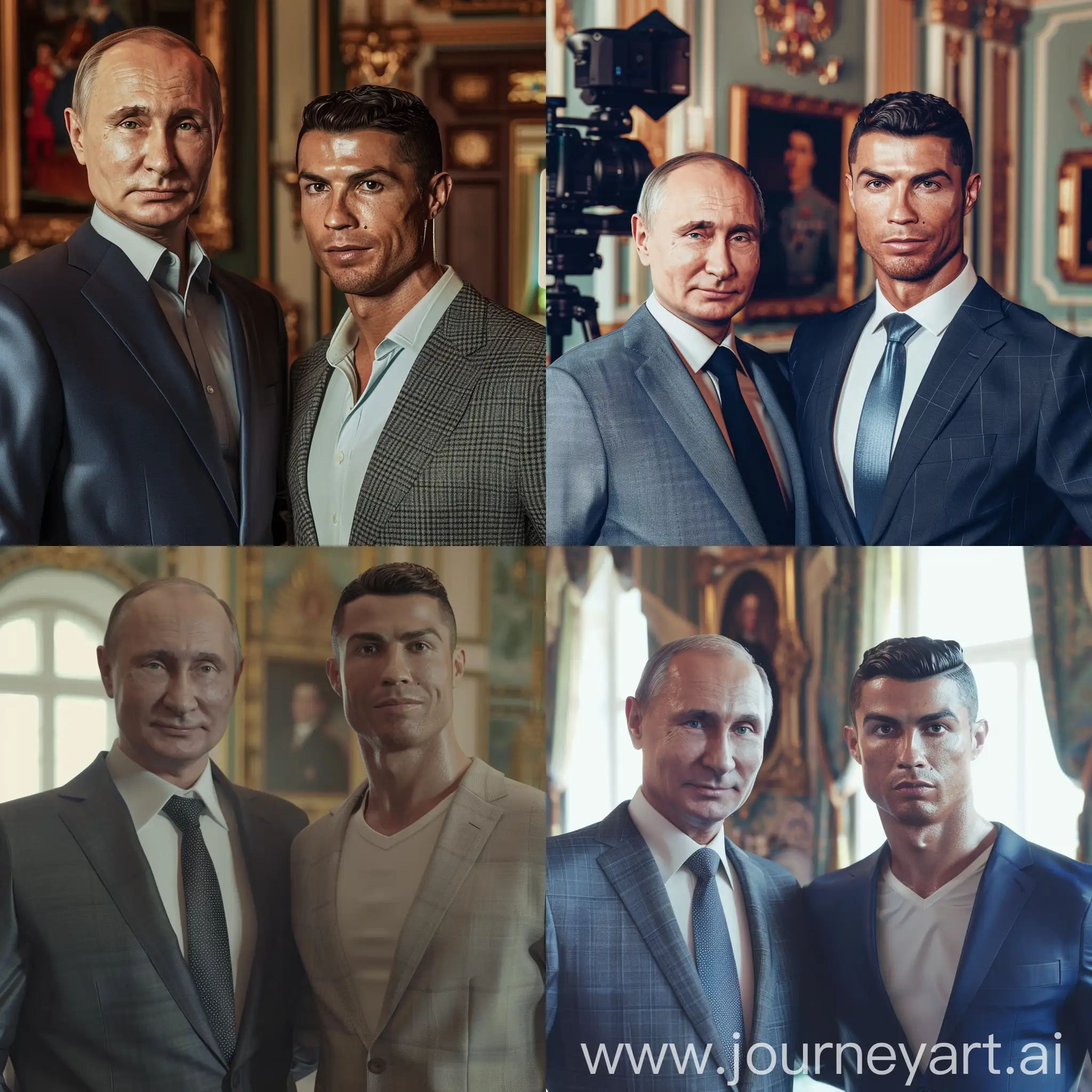 Vladimir Putin in a business suit stands next to Cristiano Ronaldo, background Kremlin room, close-up, camera in the middle, super detail, hyper realism, professional lighting, sharp focus