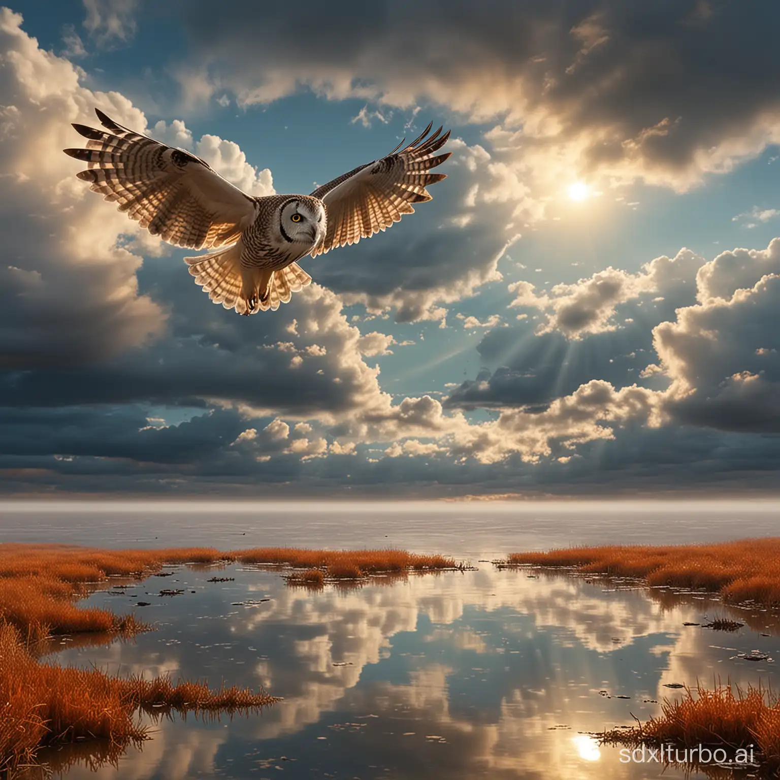 The setting clouds and the solitary owl fly together, the autumn water and the sky become one color