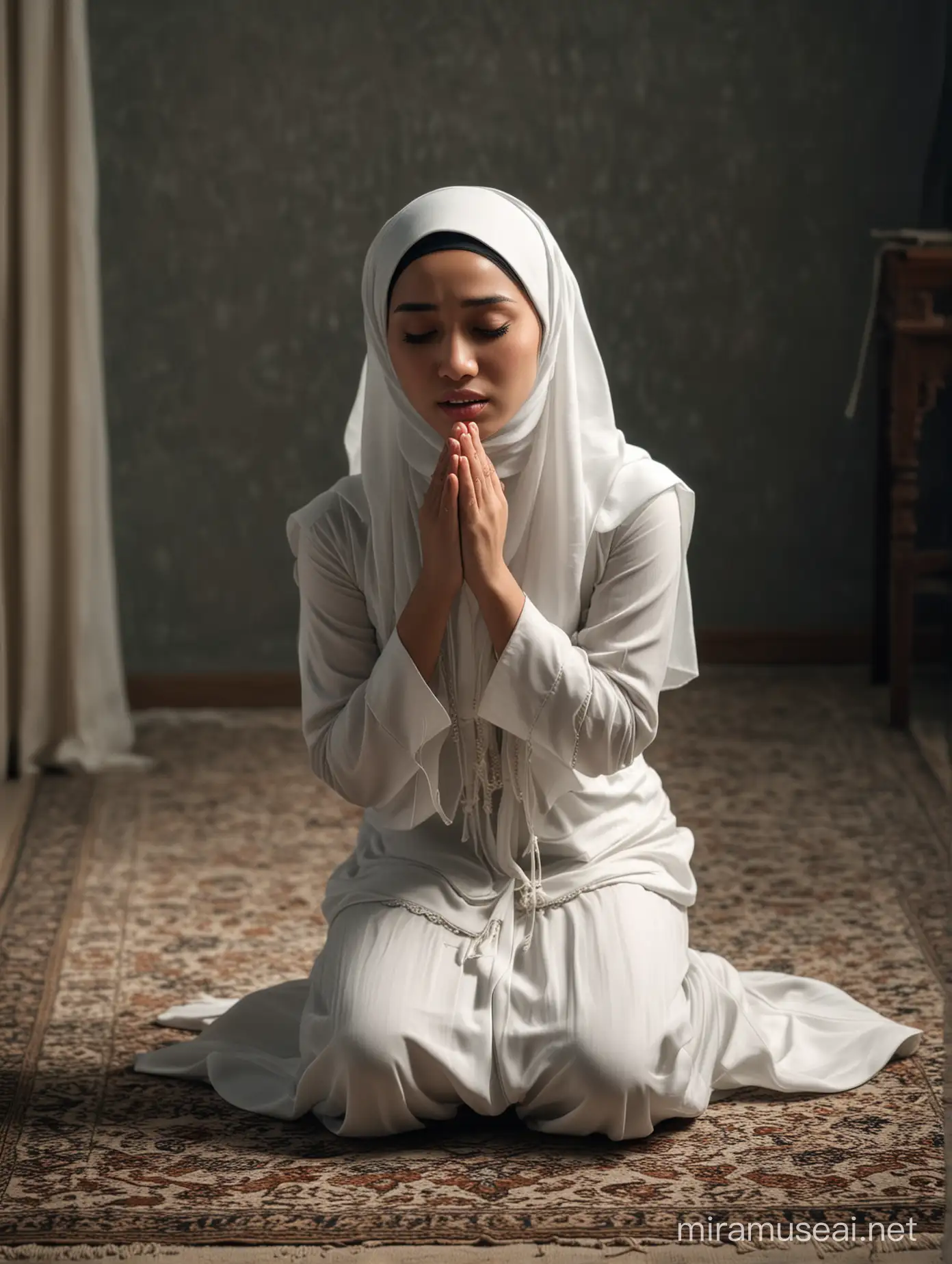 Emotional Indonesian Muslim Girl Praying Alone in a Darkened Room