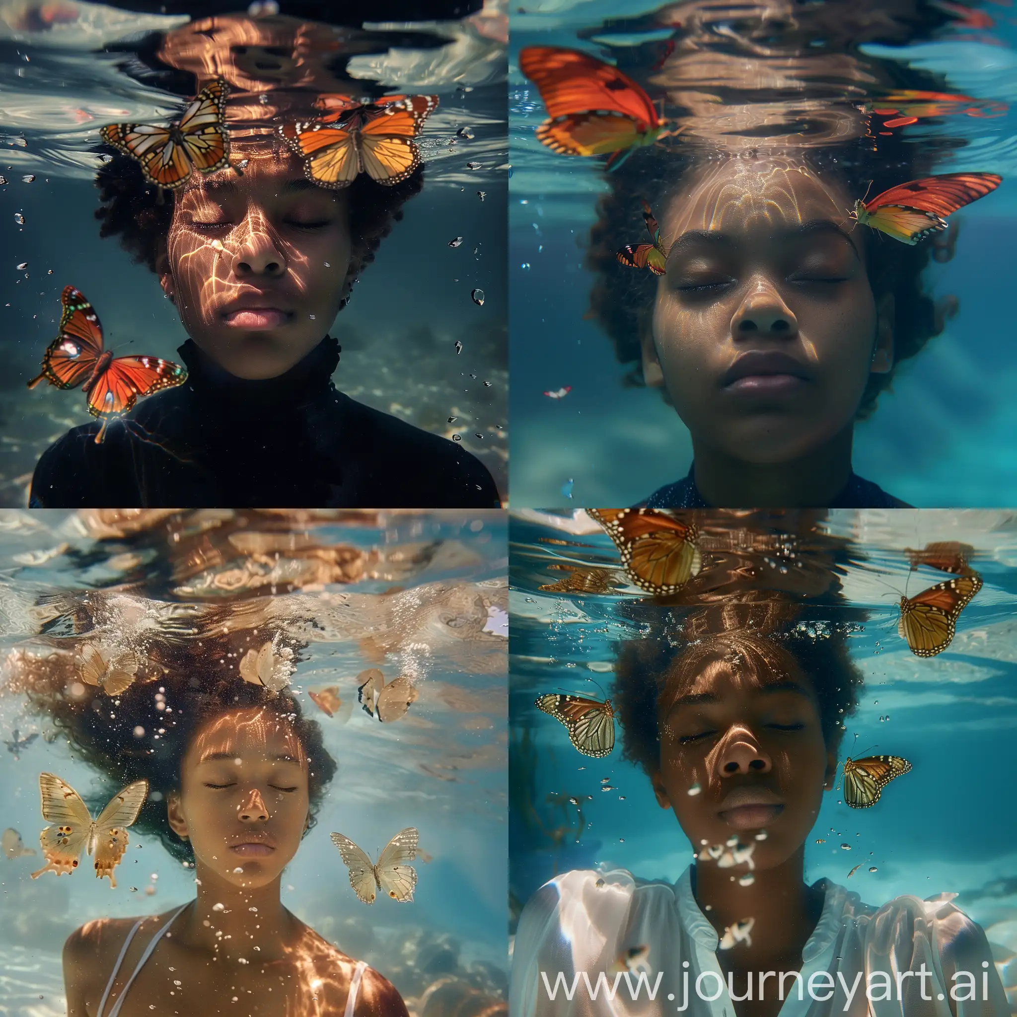 Tranquil-Black-Woman-with-Butterflies-Underwater