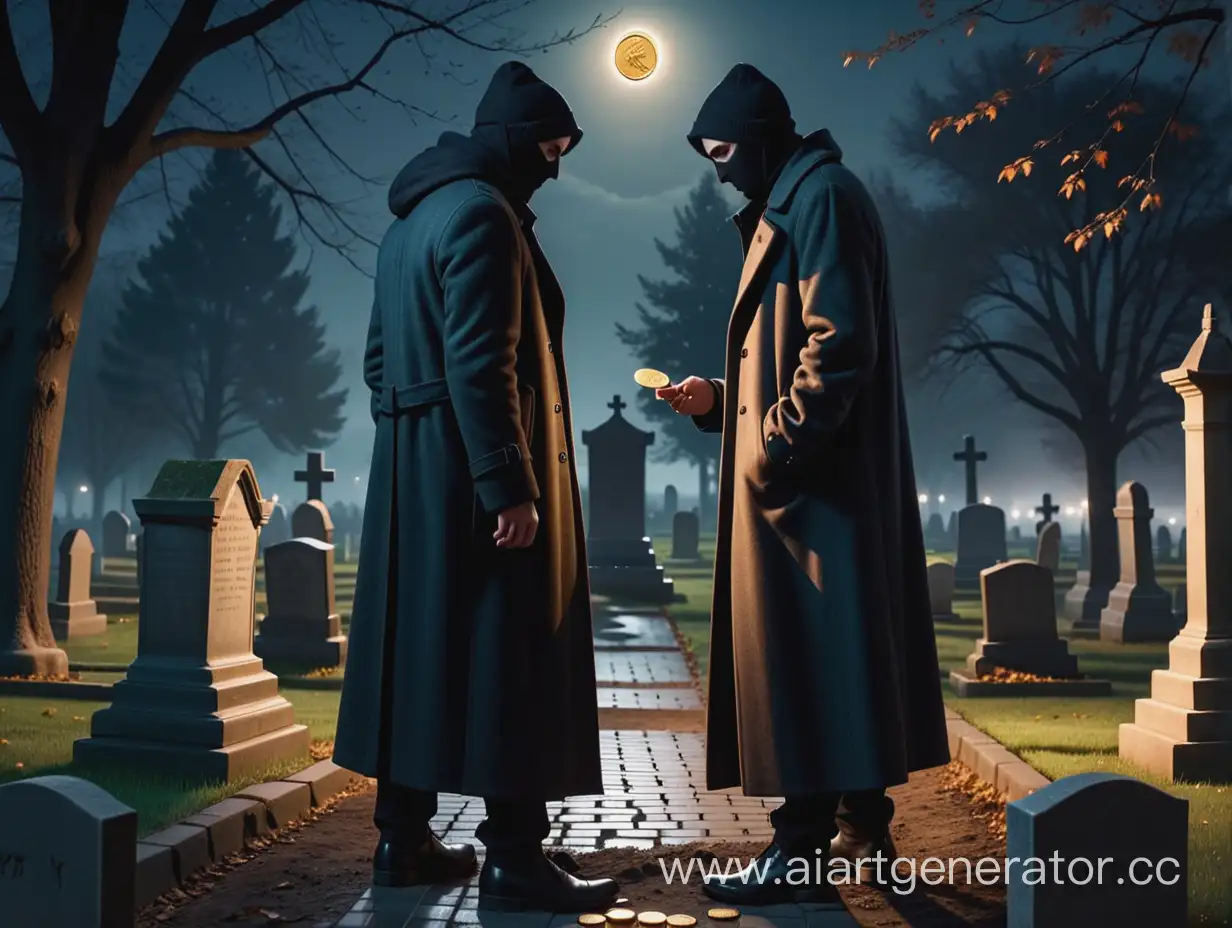 Two-Thieves-in-Long-Coats-Arguing-Over-a-Gold-Coin-in-the-Cemetery-at-Night