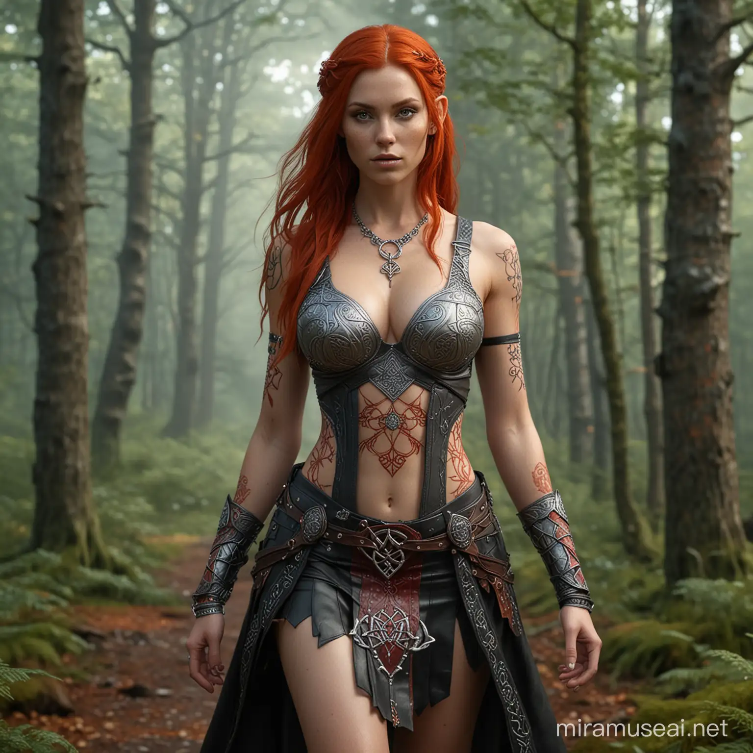 hyperrealistic extreme detail full body long shot showing an anatomically correct female human with large breasts, with fiery red hair decorated with silver, draconic symbols carved into the skin on arms and body. wearing a minimal sleeveless open front leather top that is decorated with celtic runes. wearing a short loose skirt embroided with colourful elven symbols. in a forest