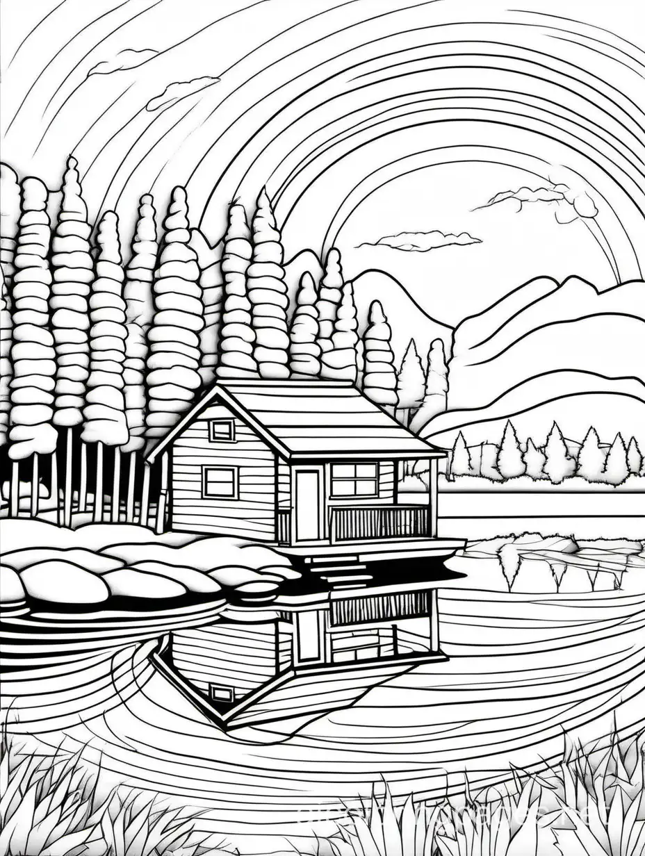 A peaceful lakeside cabin at sunset: A cozy cabin nestled beside a tranquil lake, bathed in the warm hues of a setting sun, with ripples dancing on the water's surface and silhouettes of trees against the colorful sky. Minimalist only outlines, Coloring Page, black and white, line art, white background, Simplicity, Ample White Space. The background of the coloring page is plain white to make it easy for young children to color within the lines. The outlines of all the subjects are easy to distinguish, making it simple for kids to color without too much difficulty